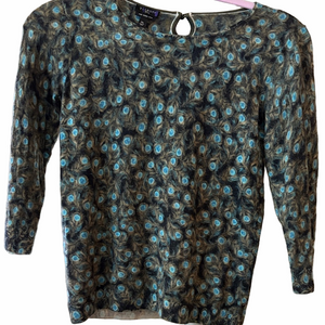 Talbots Marino wool peacock feather print petite M 3/4 sleeve sweater.